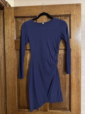 Long-Sleeve Navy Asymmetric Ruched Dress